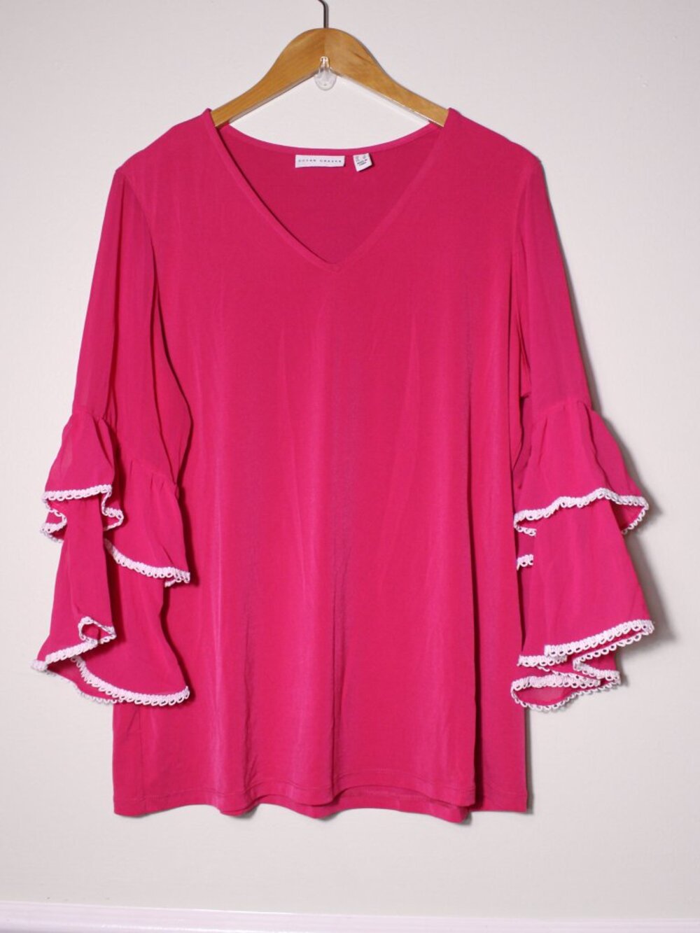 Susan Graver Ruffle Bell Sleeve Lace Trim V Neck Top Flowy Fuchsia Pink L